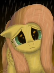 Size: 768x1024 | Tagged: safe, artist:firefoxproject, fluttershy, pony, g4, crying, female, night, rain, sad, solo, wet