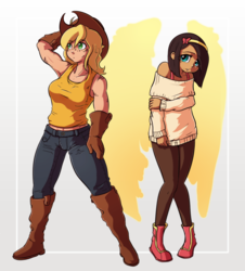 Size: 950x1050 | Tagged: safe, artist:fore-trekker, applejack, fluttershy, human, g4, applebucking thighs, armpits, boots, clothes, cowboy boots, cowboy hat, denim, duo, female, gloves, hat, humanized, jeans, natural hair color, pants, shirt, shoes