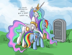 Size: 910x700 | Tagged: safe, princess celestia, rainbow dash, alicorn, pegasus, pony, g4, a christmas carol, bitchlestia, butt, celestia's grave meme, ebenezer scrooge, exploitable meme, female, implied death, mare, meme, plot