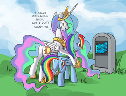 Size: 910x700 | Tagged: safe, princess celestia, rainbow dash, alicorn, pegasus, pony, fighting is magic, g4, butt, celestia's grave meme, crying, exploitable meme, female, grave, implied death, mare, plot