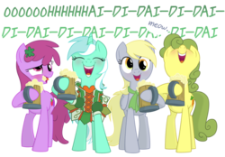 Size: 2364x1648 | Tagged: safe, artist:equestria-prevails, idw, berry punch, berryshine, carrot top, derpy hooves, golden harvest, lyra heartstrings, earth pony, pegasus, pony, unicorn, g4, blushing, cider, clothes, drunk, female, green hair, green mane, green tail, irish, lyrish, mare, meow, simple background, singing, tail, transparent background, whose line is it anyway