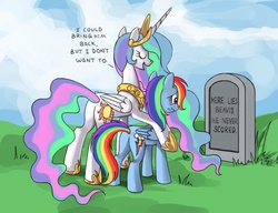 Size: 1170x900 | Tagged: safe, princess celestia, rainbow dash, alicorn, pegasus, pony, g4, beavis, beavis and butthead, bitchlestia, butt, celestia's grave meme, exploitable meme, female, he never scored, implied death, implied virgin, mare, plot