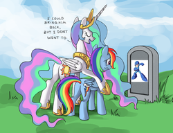 Size: 910x700 | Tagged: safe, princess celestia, rainbow dash, alicorn, pegasus, pony, g4, butt, capcom, celestia's grave meme, exploitable meme, female, implied death, mare, mega man (series), meme, plot