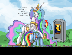 Size: 910x700 | Tagged: safe, princess celestia, rainbow dash, alicorn, pegasus, pony, g4, broken upload, butt, celestia's grave meme, crying, exploitable meme, female, grave, implied death, mare, plot, rareware