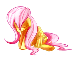 Size: 841x630 | Tagged: safe, artist:kipaki, fluttershy, pegasus, pony, g4, eyes closed, female, floppy ears, head down, mare, sad, simple background, sitting, solo, white background, wings down