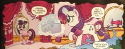 Size: 2138x844 | Tagged: safe, idw, official comic, rarity, twilight sparkle, pony, unicorn, g4, spoiler:comic, carousel boutique, comic, dream, fabric, female, glasses, mare, mirror, saddle bag, sewing machine