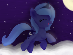 Size: 1024x768 | Tagged: safe, artist:toponyornottopony, princess luna, pony, g4, cloud, eyes closed, female, filly, flying, solo, woona