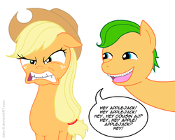Size: 750x600 | Tagged: safe, artist:jdan-s, applejack, pony, angry, annoying orange, applejack is not amused, cousin, female, male, mare, ponified, stallion, this will end in angry countryisms, unamused
