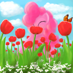 Size: 2000x2000 | Tagged: safe, artist:randomdash, pinkie pie, butterfly, g4, flower
