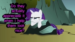 Size: 640x360 | Tagged: safe, edit, edited screencap, screencap, rarity, pony, dragonshy, g4, my little pony: friendship is magic, doubt, female, image macro, inner thoughts, introspective, purple text, resentment, solo