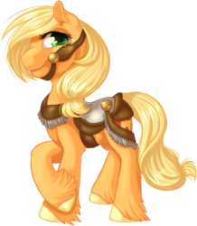 Size: 944x1085 | Tagged: safe, artist:kittehkatbar, applejack, earth pony, pony, g4, bridle, colored hooves, crossed hooves, female, harness, looking up, mare, saddle, simple background, solo, transparent background, unshorn fetlocks