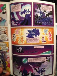 Size: 768x1024 | Tagged: safe, idw, official comic, applejack, fluttershy, nightmare moon, pinkie pie, princess luna, rainbow dash, rarity, twilight sparkle, nightmare forces, g4, spoiler:comic, spoiler:comic05, backstory, comic, element of generosity, element of honesty, element of kindness, element of laughter, element of loyalty, element of magic, elements of harmony, moon, nightmare creature, nightmare dreamscape, nightmare rarity (arc), planet, unnamed character, unnamed nightmare forces