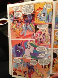 Size: 768x1024 | Tagged: safe, idw, official comic, applejack, fluttershy, pinkie pie, princess celestia, princess luna, rainbow dash, spike, twilight sparkle, alicorn, dragon, earth pony, pegasus, pony, unicorn, g4, spoiler:comic, comic, determined, female, golden oaks library, male, mare