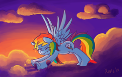 Size: 1224x768 | Tagged: safe, artist:xieril, rainbow dash, pony, g4, cloud, cloudy, female, morning, morning ponies, sleepy, solo, stretching, sunrise