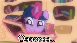 Size: 960x535 | Tagged: safe, edit, edited screencap, screencap, twilight sparkle, pony, unicorn, g4, magical mystery cure, book, cute, dialogue, elements of harmony, faic, female, glowing horn, golden oaks library, horn, image macro, library, mare, spell, unicorn twilight