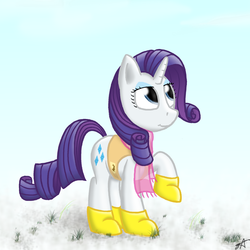 Size: 2000x2000 | Tagged: safe, artist:strachattack, rarity, pony, unicorn, g4, winter wrap up, animal team, boots, clothes, female, looking up, mare, raised hoof, scarf, shoes, snow, solo, vest, winter, winter wrap up vest