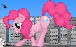 Size: 1131x707 | Tagged: safe, artist:funkybacon, pinkie pie, earth pony, human, pony, g4, city, giant pony, macro, military