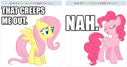 Size: 785x417 | Tagged: safe, fluttershy, pinkie pie, g4, exploitable meme, image macro, juxtaposition, juxtaposition win, nah, simple background, vector, white background