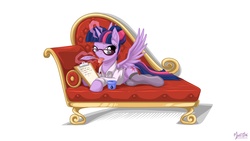 Size: 2560x1440 | Tagged: safe, artist:mysticalpha, twilight sparkle, alicorn, pony, g4, alternate hairstyle, clothes, couch, glasses, quill, stockings, tongue out, twilight sparkle (alicorn), wallpaper, writing