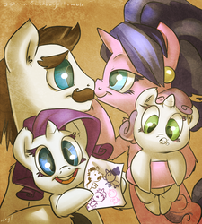 Size: 898x1000 | Tagged: safe, artist:atryl, cookie crumbles, hondo flanks, rarity, sweetie belle, pony, g4, baby, baby belle, baby pony, boop, carrying, cute, diasweetes, drawing, earring, family, female, filly, filly rarity, foal, male, moustache, noseboop, nuzzling, raribetes, rarity's parents, ship:cookieflanks, spit bubble, stallion, straight, younger