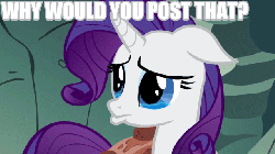 Size: 640x360 | Tagged: safe, edit, edited screencap, screencap, rarity, pony, a dog and pony show, g4, animated, eye shimmer, female, floppy ears, image macro, lip quiver, reaction image, solo, teary eyes