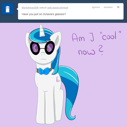 Size: 1000x1000 | Tagged: safe, artist:verminshy, dj pon-3, vinyl scratch, pony, ask classical vinyl, g4, alternate hairstyle, ask, female, glasses, solo, swapped cutie marks, tumblr