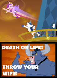 Size: 640x872 | Tagged: safe, edit, edited screencap, screencap, iron will, princess cadance, shining armor, g4, putting your hoof down, the crystal empire, epic wife tossing, rhyme