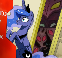Size: 600x560 | Tagged: safe, edit, idw, princess luna, alicorn, nightmare forces, pony, gamer luna, g4, spoiler:comic, arcade, ethereal mane, female, mare, meme, moon, nightmare creature, nightmare dreamscape, unnamed character, unnamed nightmare forces