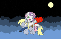 Size: 1280x813 | Tagged: safe, artist:fantasyglow, derpy hooves, sweetie belle, pegasus, pony, robot, robot pony, unicorn, g4, adult, cave story, crossover, female, filly, foal, hooves, horn, mare, moon, night, open mouth, sweetie bot, wings