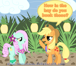 Size: 1500x1309 | Tagged: safe, artist:arshnessdreaming, applejack, oc, oc:pineapple princess, earth pony, pony, g4, duo, hawaii, hawaiian flower in hair, lei, pineapple