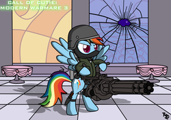 Size: 1024x720 | Tagged: safe, artist:filipinoninja95, rainbow dash, pegasus, pony, g4, bipedal, call of duty, female, gun, mare, mask, minigun, parody, signature, solo