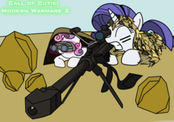 Size: 1024x720 | Tagged: safe, artist:filipinoninja95, rarity, sweetie belle, g4, .50 cal, barrett, binoculars, call of duty, duo, gritted teeth, gun, magic, prone, rifle, rock, scope, sniper, telekinesis, weapon