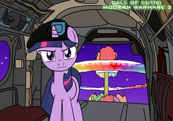 Size: 1024x720 | Tagged: safe, artist:filipinoninja95, twilight sparkle, pony, g4, atomic rainboom, call of duty, female, frown, glare, looking at you, mushroom cloud, nuclear weapon, palindrome get, solo