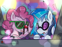 Size: 900x685 | Tagged: safe, artist:hua, dj pon-3, pinkie pie, vinyl scratch, g4, glasses, groucho mask, turntable