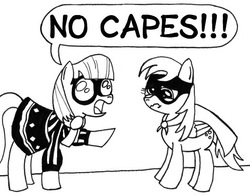 Size: 648x507 | Tagged: safe, artist:samueleallen, derpy hooves, photo finish, earth pony, pegasus, pony, g4, cape, clothes, edna mode, female, mare, no capes, pixar, sad, superhero, the incredibles