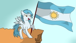 Size: 1200x675 | Tagged: safe, artist:asluc96, oc, oc:princess argenta, pony, argentina, flag, nation ponies, ponified, solo, sun