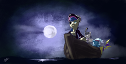 Size: 2800x1429 | Tagged: safe, artist:remenbrand, bon bon, derpy hooves, octavia melody, sweetie drops, trixie, earth pony, pony, g4, bipedal, cello, eyepatch, moon, musical instrument, night, ocean, pirate, ship, shipwrecked