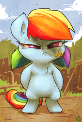 Size: 879x1300 | Tagged: safe, artist:atryl, rainbow dash, earth pony, pony, semi-anthro, g4, alternate hairstyle, arm hooves, badass, badass adorable, bandage, bipedal, chest fluff, colored eyelashes, cute, dashabetes, female, filly, filly rainbow dash, foal, grumpy, grumpy dash, madorable, pigtails, race swap, rainbow lashes, signature, solo, stare down, tough, wingless