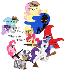 Size: 1044x1142 | Tagged: safe, artist:kevemperor, apple bloom, applejack, derpy hooves, fluttershy, lyra heartstrings, nightmare moon, rainbow dash, rarity, trixie, twilight sparkle, zecora, pegasus, pony, zebra, g4, female, mare, o brother where art thou