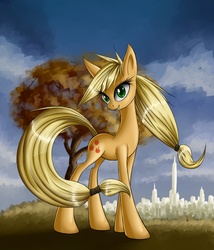 Size: 1200x1400 | Tagged: safe, artist:asimos, applejack, earth pony, pony, g4, female, looking at you, skyscraper, solo, tree