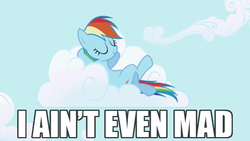 Size: 640x360 | Tagged: safe, rainbow dash, g4, cloud, day, eyes closed, image macro, lying down, meme, on back, solo