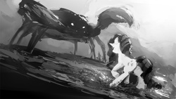 Size: 1024x576 | Tagged: safe, artist:genjilim, rarity, crab, giant crab, g4, badass, epic, fight, grayscale, monochrome, rarity fighting a giant crab, size difference, water