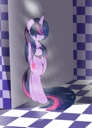 Size: 2435x3386 | Tagged: safe, artist:v-d-k, twilight sparkle, alicorn, pony, semi-anthro, g4, bipedal, crying, female, gritted teeth, hair over eyes, hidden eyes, lonely, sad, shower, solo, twilight sparkle (alicorn), wet mane