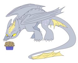 Size: 1000x806 | Tagged: source needed, safe, artist:animals4501, derpy hooves, dragon, night fury, g4, dragonified, dreamworks, female, how to train your dragon, muffin, recolor, simple background, solo, species swap, toothless the dragon, transparent background