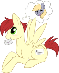 Size: 385x470 | Tagged: safe, artist:lulubell, care package, derpy hooves, special delivery, pegasus, pony, g4, duo, female, male, mare, shipping, simple background, stallion, straight, transparent background