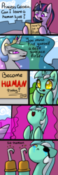 Size: 500x1500 | Tagged: safe, artist:slavedemorto, lyra heartstrings, princess celestia, twilight sparkle, alicorn, pony, unicorn, g4, amputee, book, comic, crown, crying, dialogue, eyepatch, female, hook, hook hand, jewelry, magic, mare, open mouth, open smile, prosthetics, regalia, sad, sign, smiling, twilight sparkle (alicorn)