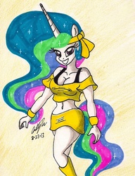 Size: 1132x1472 | Tagged: safe, artist:newyorkx3, princess celestia, anthro, g4, belly button, cleavage, clothes, female, midriff, skirt, solo, traditional art