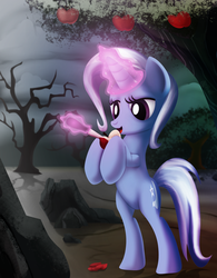 Size: 1000x1280 | Tagged: dead source, safe, artist:dcencia, trixie, pony, unicorn, g4, apple, bipedal, female, glowing, glowing horn, horn, magic, solo, telekinesis