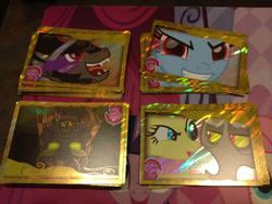 Size: 960x720 | Tagged: safe, discord, fluttershy, king sombra, trixie, timber wolf, g4, card, trading card