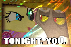 Size: 416x277 | Tagged: safe, edit, discord, fluttershy, draconequus, pegasus, pony, g4, duo, duo male and female, eye contact, female, image macro, looking at each other, looking at someone, male, mare, meme, text, tonight you, trading card, unimpressed